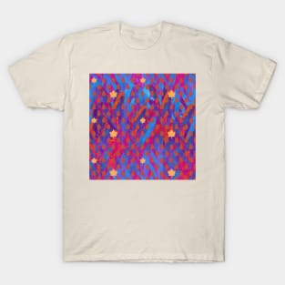 Golden Maple leaves on a wild ruby and sapphire leaf background T-Shirt